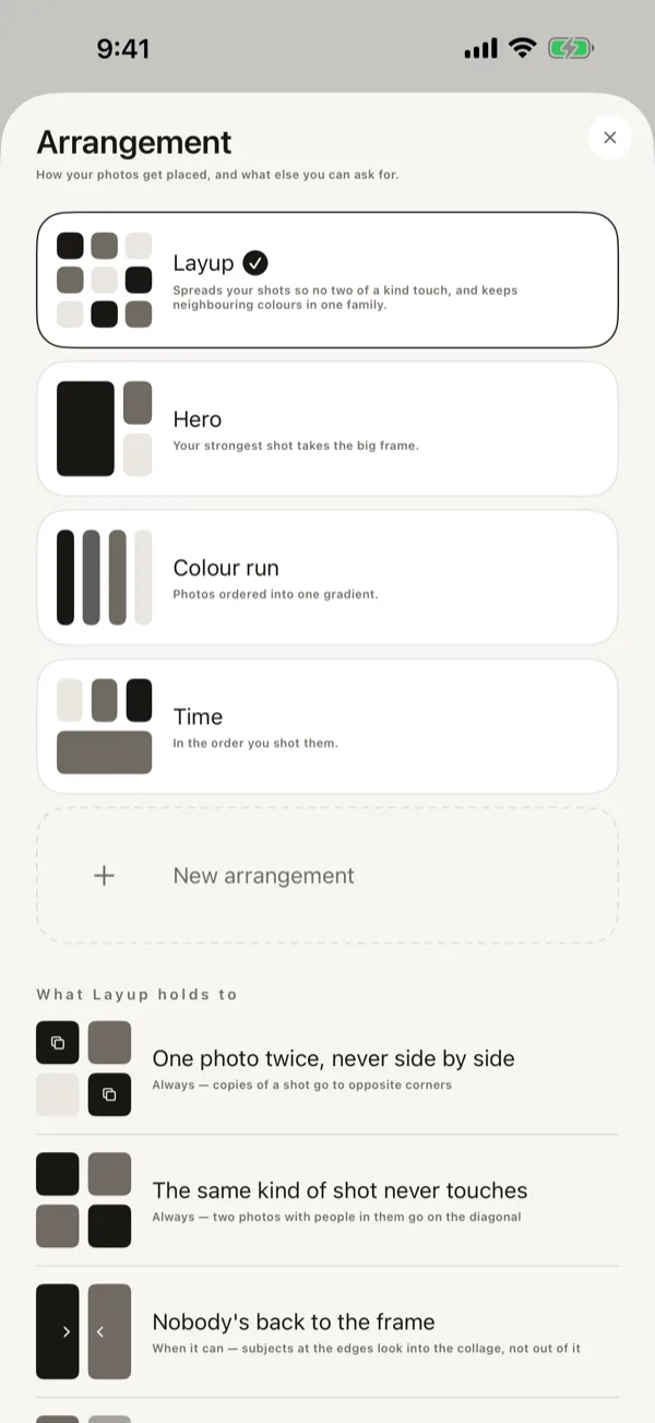 The arrangement sheet: Layup, Hero, Colour run and Time, and the rules Layup holds to