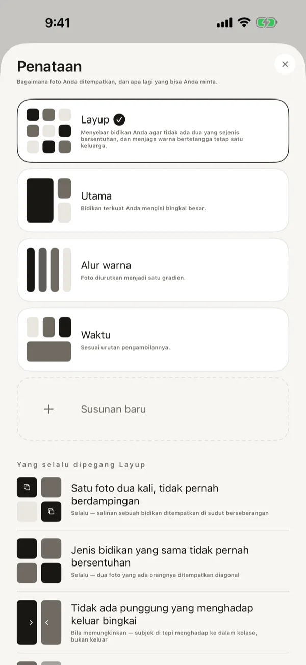 Lembar penataan: Layup, Utama, Alur warna, dan Waktu, serta aturan yang dipegang Layup