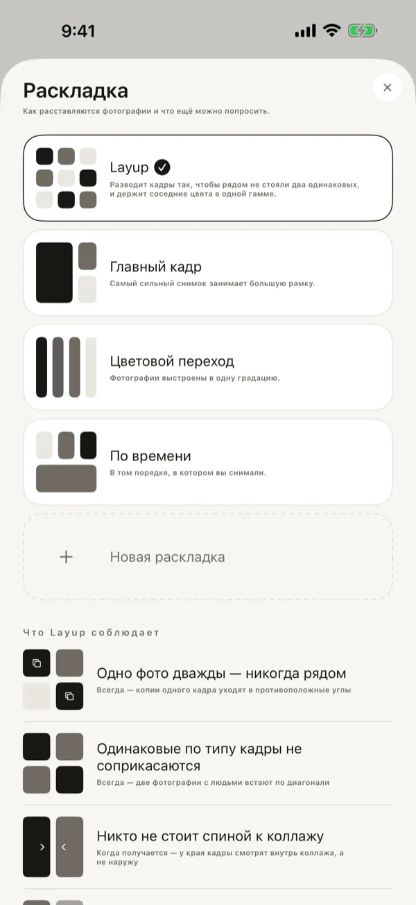 Лист раскладки: Layup, Главный кадр, Цветовой переход и По времени, и правила, которых держится Layup