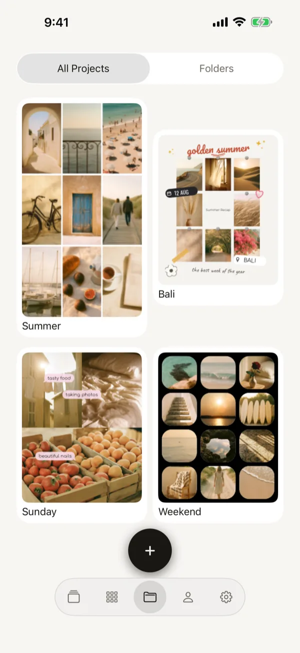 The projects screen with saved collages